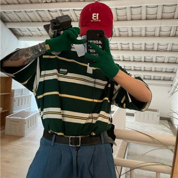 WIAOFELLAS  -  Korean Summer New POLO Shirt Unisex Short-sleeved Top Men Loose Japan Retro Striped College Style Lapel T-shirt Top Preppy